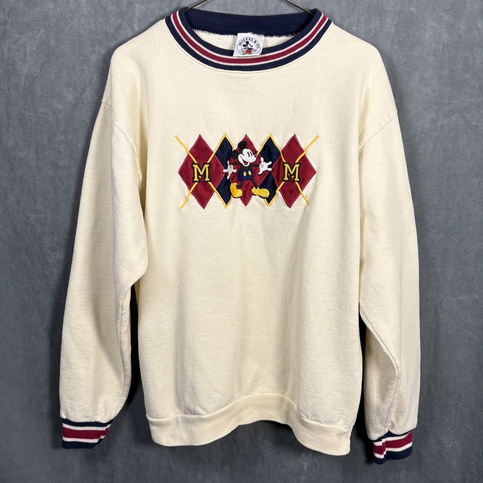Vtg Mickey  Co Disney Embroidered Argyle Sweatshirt Cream Mens Large Usa Made